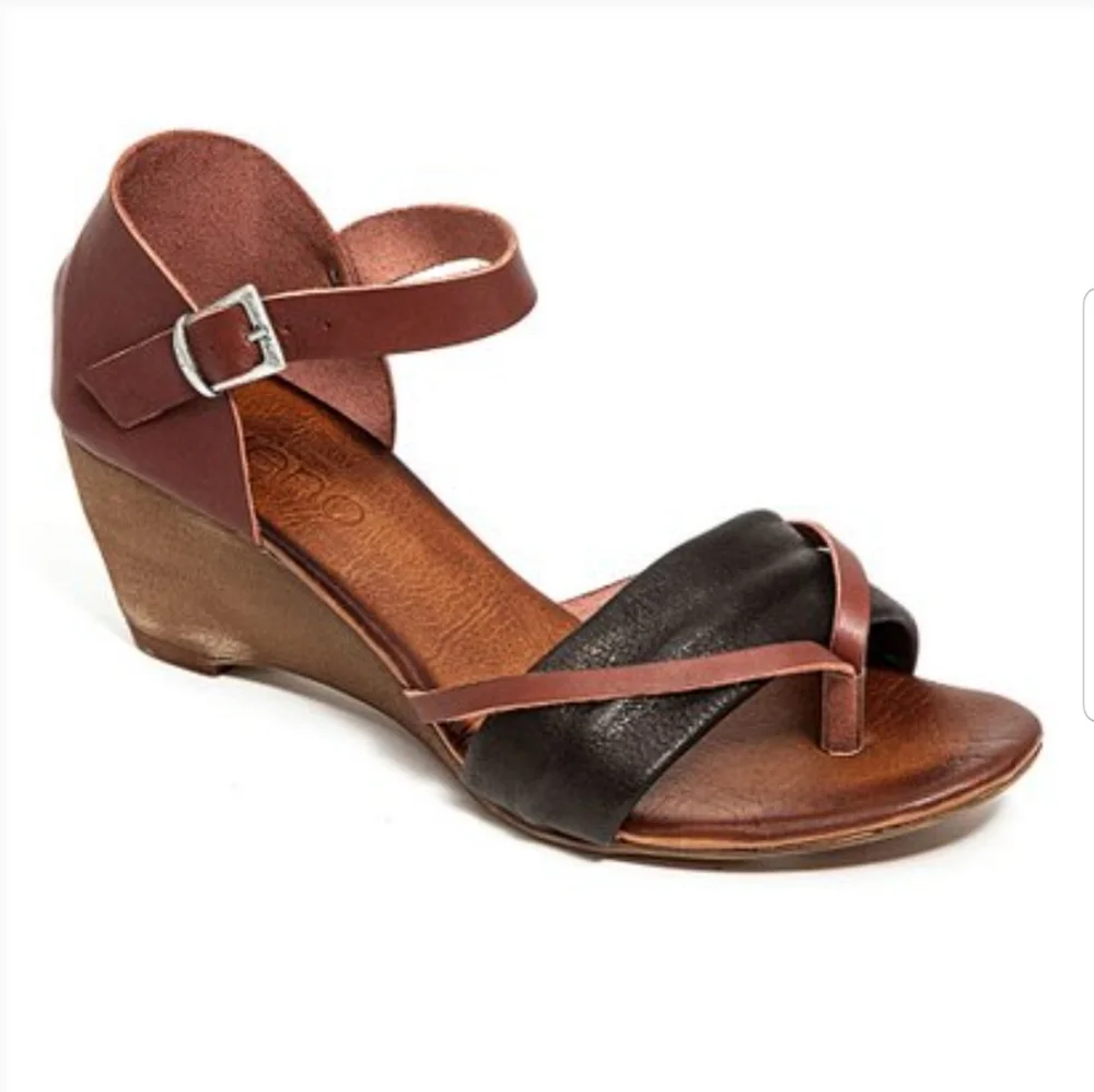 FRENCH BLU Leather Brown & Black Wedge Sandals Made In Turkey